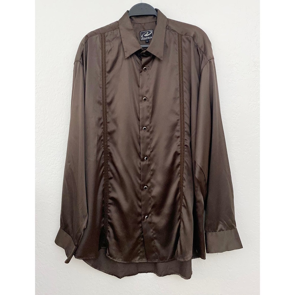 Men's Roper Western Brown Satin Like Rodeo Cowboy Shirt Embroidered Detail Snap‎